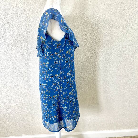 Altar’d State Sz Medium Baby Blue Floral Party Dress Ruffle Shoulder Sheer Lined - Picture 5 of 14